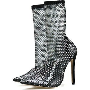 Kcenid Sexy Mesh Laarzen Dames Wees Teen Strass Sokken Schoenen Vrouw Hoge Hak Laarzen Runway Dames Partij Schoenen Bruiloft