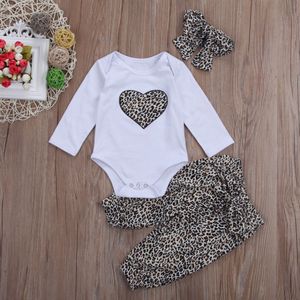 Brand Mooie Pasgeboren Peuter Baby Baby Meisje Romper + Lange Bloemen Broek + Hoofdband 3 stks Outfit Luipaard hart Kleding Sets