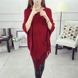 Herfst Pluche Bal Kwastje Lange Truien Solid Losse Trui V-hals Knit Jumper Poncho Wrap Mantel Cape Trui Warme Batwing Jas