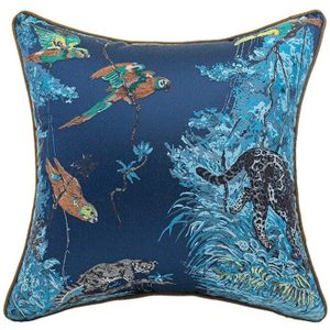 Dunxdeco Kussenhoes Decoratieve Kussensloop Vintage Chinese Stijl Bos Dier Collectie Luxe Borduurwerk Blauw Coussin