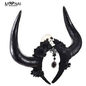 Unieke Steampunk Zwarte Sluier Lacee Schedel Rozen Bloemen Bull Horn Antler Goth Hoofdband Halloween Fancy Dress Hoofddeksels Gothic Cos