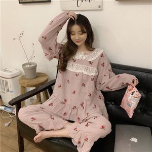 Alien Kitty Chic Vrouwen Zoete Pyjama Suits Lange Mouwen Aardbeien Ruches Mode Nachtkleding Losse Verse Lange Broek