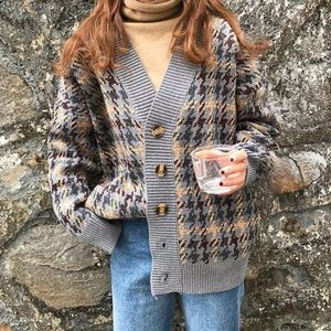 Trui Herfst Plaid Gebreide Jas Koreaanse Vest Vrouwen Lange Sectie Losse Lui