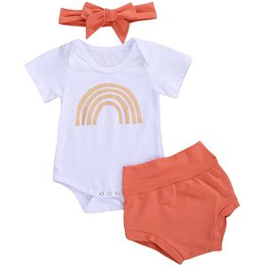 Kids Meisje Romper Zomer Shorts Pak Regenboog Gedrukt O-hals Korte Mouw Casual Hoofdband 3 Stuks