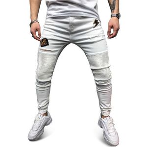 Wit Mannen Stijlvolle Ripped Vernietigd Skinny Jeans Broek Biker Biker Jeans Stretch Denim Potlood Lange Broek Leggings Pantalon