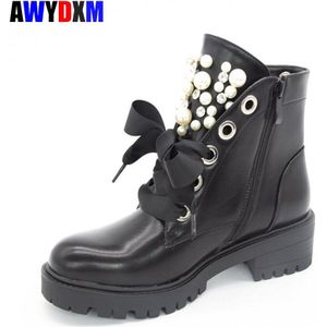 Vrouwen Enkellaars Dames Lederen Laarzen Mode Herfst Platform Motorcycle Schoenen Voor Vrouw Punk Winter Parel Klinknagel Schoenen