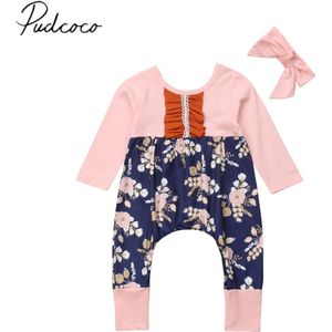 Brand Baby Kids Baby Meisjes Jongens Herfst Romper + Hoofdband Bloem Print Lange Mouwen Katoenen Jumpsuit 2 stks verstoorde Speelpakje