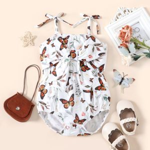 Patpat Baby Meisje Geribbelde Bruin/Witte Vlinder Print Mouwloze Spaghetti Strik Romper