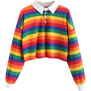 Lange Mouw Polo Shirt Vrouwen Kleurrijke Streep Herfst Tops Trui Casual Korte Polo Shirt Rainbow D90919