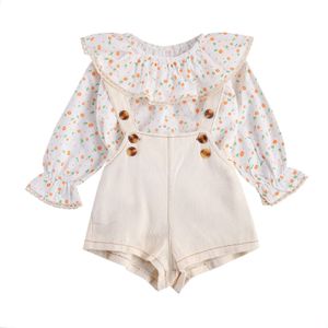 20202 0-24M Korea Stijl Baby Meisje Kleding Kant Ruche Kraag Plaid/Bloemenprint Flare Lange Mouwen blouse + Solid Denim Overalls