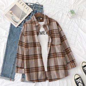 Tangada Vrouwen Oversized Bruin Plaid Vriendje Stijl Dikke Shirt Blouse Winter Chic Vrouwelijke Casual Losse Tops BAO28