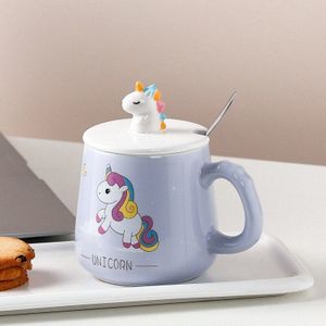 Keramische Lepel Koffie Mok Met Deksel Creatieve Handgeschilderde Cartoon Eenhoorn Netto Rood Water Cup Student Paar Ontbijt melk Cup