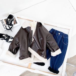 Jongens Faux Leather Jacket Herfst Winter Lamswol Turn-Down Kraag Jas Kinderen Dikker Warm Winddicht Kinderen Bovenkleding 2-6Y