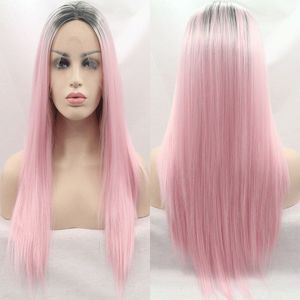 Bombshell Zwart Ombre Roze Rechte Synthetisch Haar Lace Front Pruik Hittebestendige Vezel Natuurlijke Haarlijn Middenscheiding Voor Vrouwen