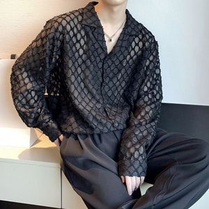 Holle Plaid Shirts Mannen Japan Koreaanse Streetwear Dark Black Loose Casual Lange Mouwen Shirts Mannelijke Mesh Jurk Shirts Tops