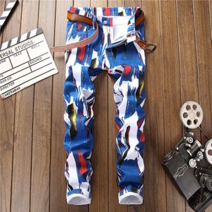 Streetwear Mannen Jeans Slim Fit Blauwe Verf Gedrukt Jeans Mannen Casual Broek Punk Stijl Potlood Broek Hip Hop Jeans homme