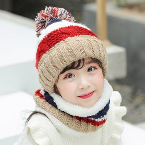 Meisje Winter Streep Mutsen Muts Sjaal Set Kind Gevlochten Cable Knit Pomponmuts En Ring Sjaals Kids Warm Cap 4-12T Dragen Roze