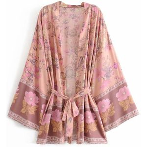 Fitshinling Vintage Herfst Kimono Afdrukken Bloemen Bohemian Flare Mouw Cover-Up Met Sjerpen Slanke Lange Vest Vrouwen