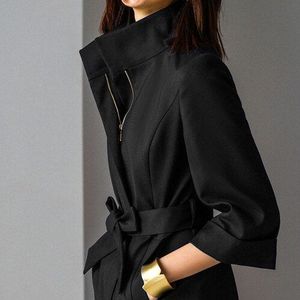 Vrouwen Elegante Stand Kraag Lange Mouw Lange Zwarte Trenchcoat En Jassen Dames Slim Rits Lente Herfst Midi bovenkleding