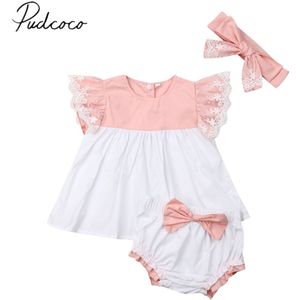 Baby Zomer Kleding Pasgeboren Peuter Baby Kids Meisje Kant Mouw Roze Tops + Hoofdband + Broek 3 Pcs outfit Kleding Set