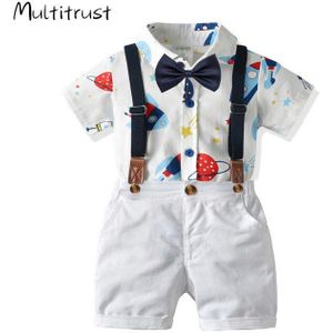 Zomer Baby Boy 'S Gentleman Kleding Sets 2 Stuks Cartoon Print Korte Mouw Jumpsuit + Bib Shorts Pak 0-24M