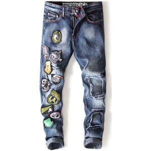 Mannen Lente Skinny Biker Jeans Print Borduren Slim Fit Denim Broek Jean Plus Size 49 Calca Jeans Masculina Jean slanke Homme