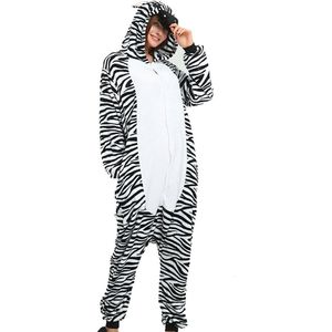 Kigurumi Zebra Onesie Volwassen Vrouwen Nachtkleding Kostuum Dier Pyjama Een Stuk Flanel Winter Warm Losse Mannen Paar Cosplay Pyjama