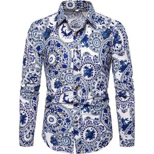 Heren dress Shirts Jurk Bloem Casual Blouse Mannen Linnen mannen Lange mouw Landelijke stijl Blauw