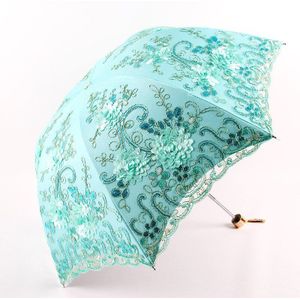 Drie-Dimensionale Bloemen Borduurwerk Kant Regen Parasol Voor Vrouwen Draagbare 3-Fold Uv Paraplu Prachtige Parasol Voor vrouwelijke