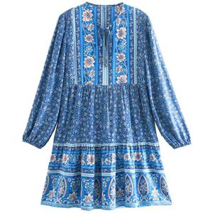 Boho Geïnspireerd Blauwe Bloemen Lange Mouw Jurk Vrouwen V-hals Mini Herfst Jurk Bohemian Boho Strand Jurk Katoenen Zomerjurk