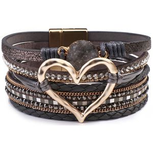 Allyes Metalen Liefde Hart Charme Lederen Armband Voor Vrouwen Multilayer Rhinestone Resin Gevlochten Wrap Armband Paar Sieraden