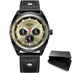 Megir Mannen Mode Lederen Quartz Horloges Met Kalender Datum Week 24-Uur Lichtgevende Horloge Voor Man Jongens Blauw 2072GBE-2