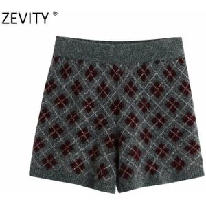 Zevity Vrouwen Vintage Diamanten Geometrische Patroon Breien Slanke Shorts Dames Chic Retro Shorts Pantalone Cortos P943