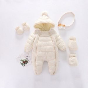 Winter Baby Baby Verdikte Romper Snowsuit Rits Donsjack Voor Meisjes Jongens Pompom Hooded Jumpsuit + Handschoenen + Sok 0-24M