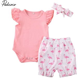 Baby Zomer Kleding Pasgeboren Baby Baby Meisje Flamingo Outfits Mouwloos Bodysuit Korte Broek Hoofdband