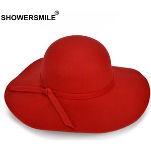 Showersmile Rode Hoeden Voor Vrouwen Tweed Fedora Hoed Vrouwelijke Grote Rand Caps Dames Elegante Bowler Strik Herfst Vilten Hoed