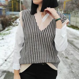 Flectit Vrouwen Houndstooth Trui Vest Mouwloze V-hals Dogtooth Gebreide Top Cozy Casual Outfit *