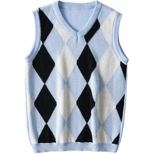 Bazaleas Vintage Patchwork Tank Pull Femme Plaid V-hals Truien Vrouwen Basic Tartan Bruin Mouwloos Trui