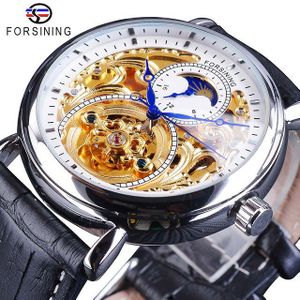 Forsining Luxe Skeleton Klok Man Moon Phase Mode Blauwe Handen Waterdicht mannen Automatische Horloges Top Luxe