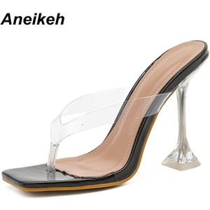 Aneikeh Zomer Slippers Vrouwen Schoenen Slippers Slides Pu Ondiepe Spike Hakken Buiten Vierkante Neus Zwart Maat 35-40 mode