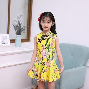 Meisjes Een Stuk Badpakken Printing Bloemen Kinderen Badmode Chinese Jurk Cheongsam Jurk Voor Zwemmen Strand Kids Badpakken