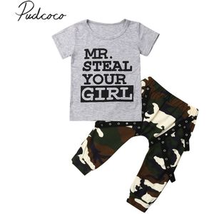 Baby Zomer Kleding Peuter Baby Baby Boy Kleding Brief Grijs Korte Mouwen T-shirts Tops + Camouflage Broek 2 STUKS Sets 0-3Y