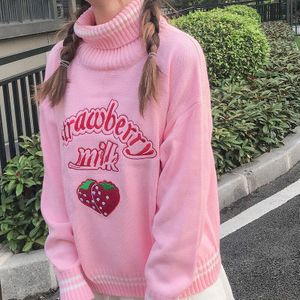 Vrouwen Winter Leuke Coltrui Harajuku Kawaii Aardbei Melk Roze Femme Pull Jumper Hoge Hals Wit Gebreide Truien