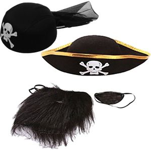 1Pcs Halloween Kostuum Zwarte Piraat Scarft Hoed Schedel Botten & 1 Set Halloween Cosplay De Pirate Captain Accessoires (Piraat