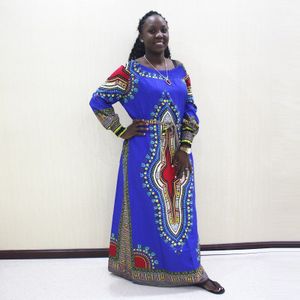 Mode Afrikaanse Dashiki Off Shoulder Lange Mouwen Blauw Katoen Afdrukken Lange Jurk
