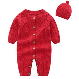 Newborn Infant Baby Boys Girls Sweaters Romper Knit Long Sleeve Warm Winter Jumpsuit Outfits Clothes + Hat