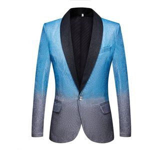 Pyjtrl Mens Artistry Gradiënt Kleur Shiny Sky Blue Blazer Night Club Podium Zanger Prom Jurk Jasje Bruiloft Kostuum