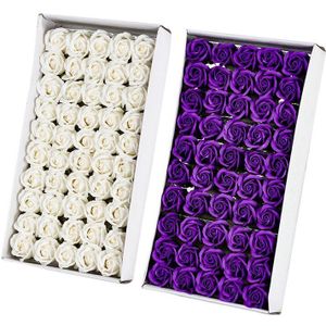 100 Stuks Bloemen Geurende Bad Zeep Rose Bloemblaadjes Plantaardige Etherische Olie Set,50 Stuks Wit & 50 Stuks Donker Paars