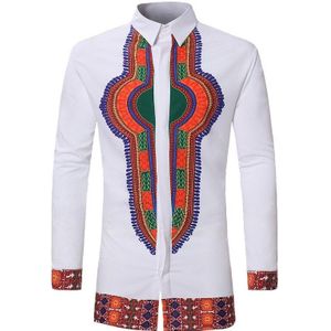 Vintage Mannen Etnische Print Top Tees Lange Mouw Stand Kraag Afrikaanse Print Dashiki Shirt Wit Heren Kleding