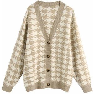 Evfer Vrouwen Herfst Casual Houndstooth Zwarte Gebreide Vesten Trui Laides V-hals Lange Mouwen Geruite Truien Chic